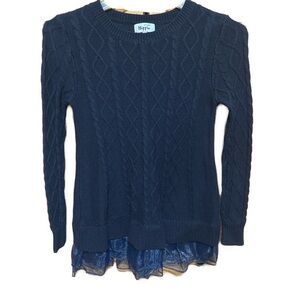 Women’s Small Military Hippie Navy Cable Knit Layered Chiffon Ruffle Sweater